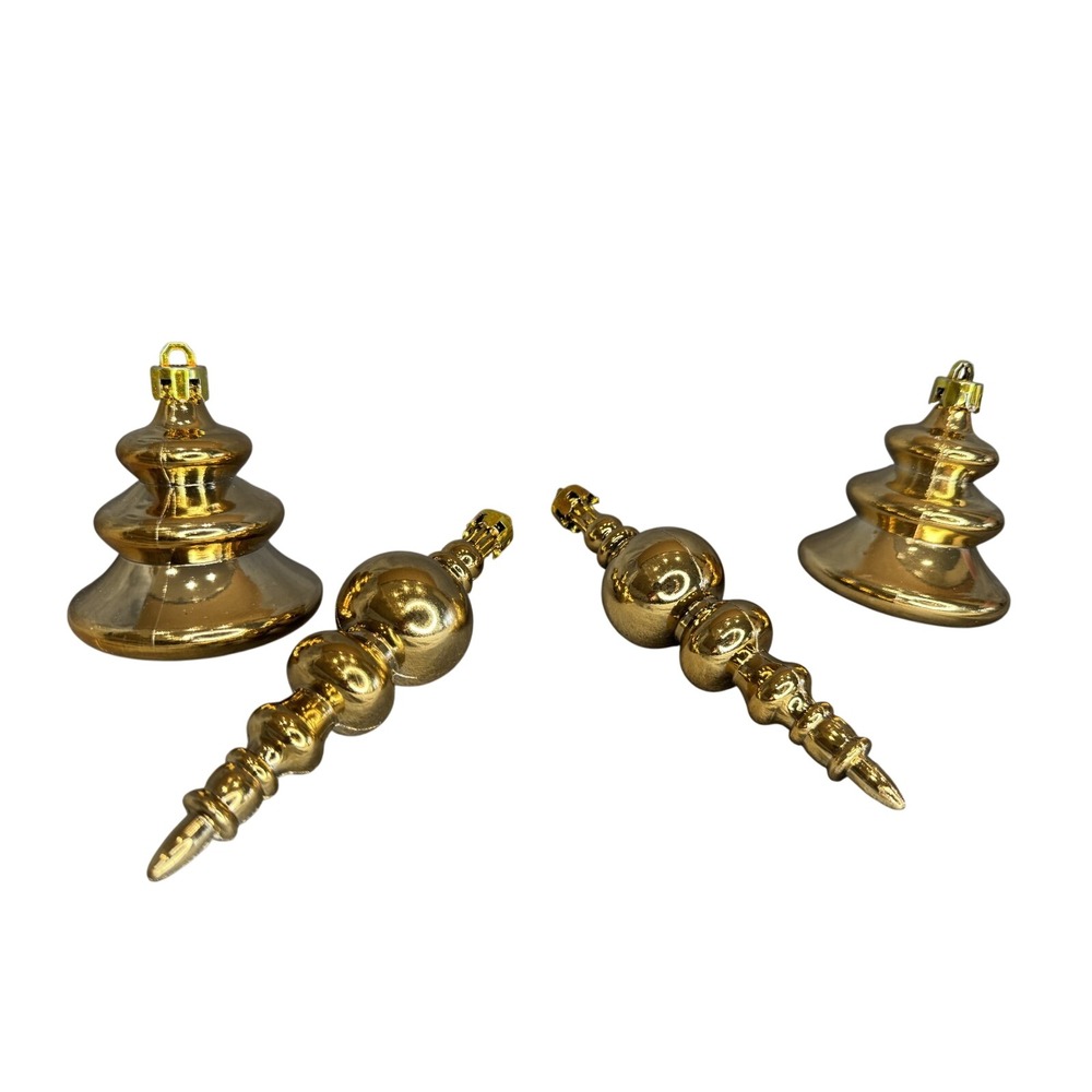 Gold Christmas Tree and Finial Ornaments Set of 4 Metallic Holiday Decor